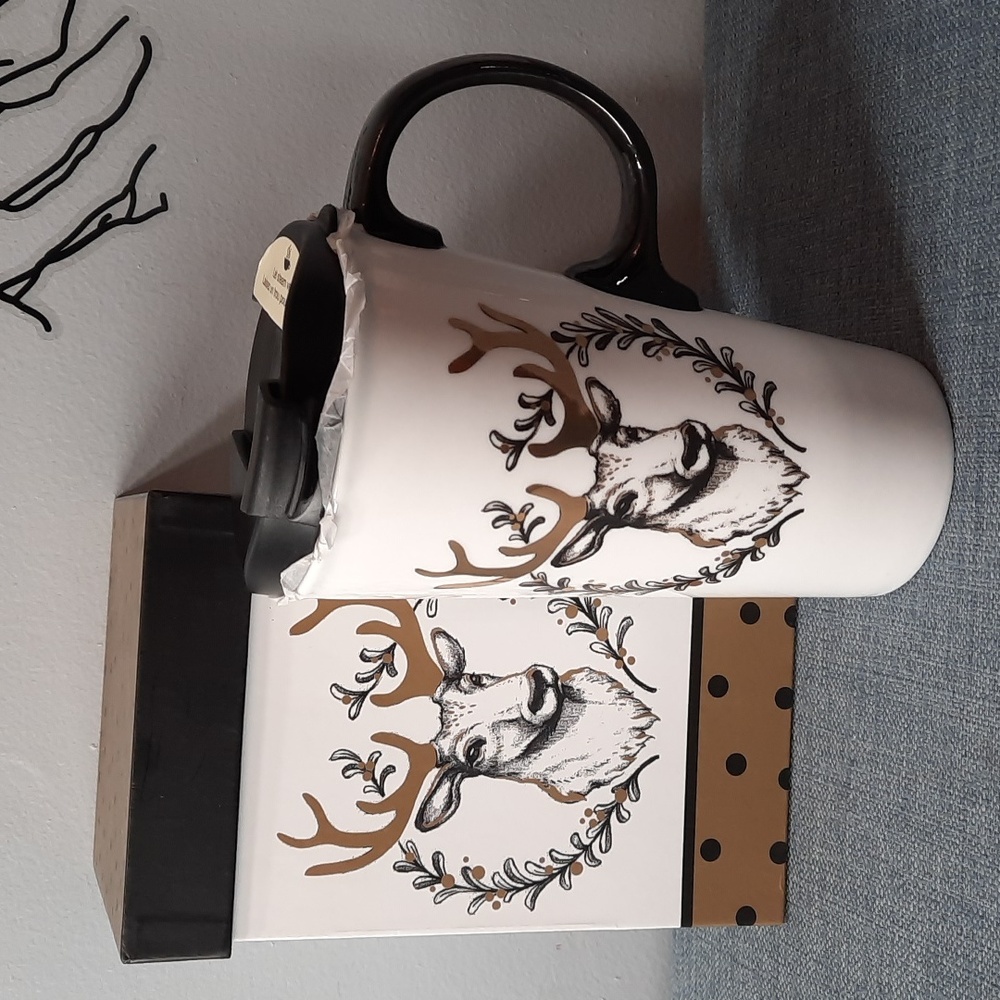 Travel Latte Tea Coffee Mug Cup Lid  Deer Black Gold Highlights Ceramic